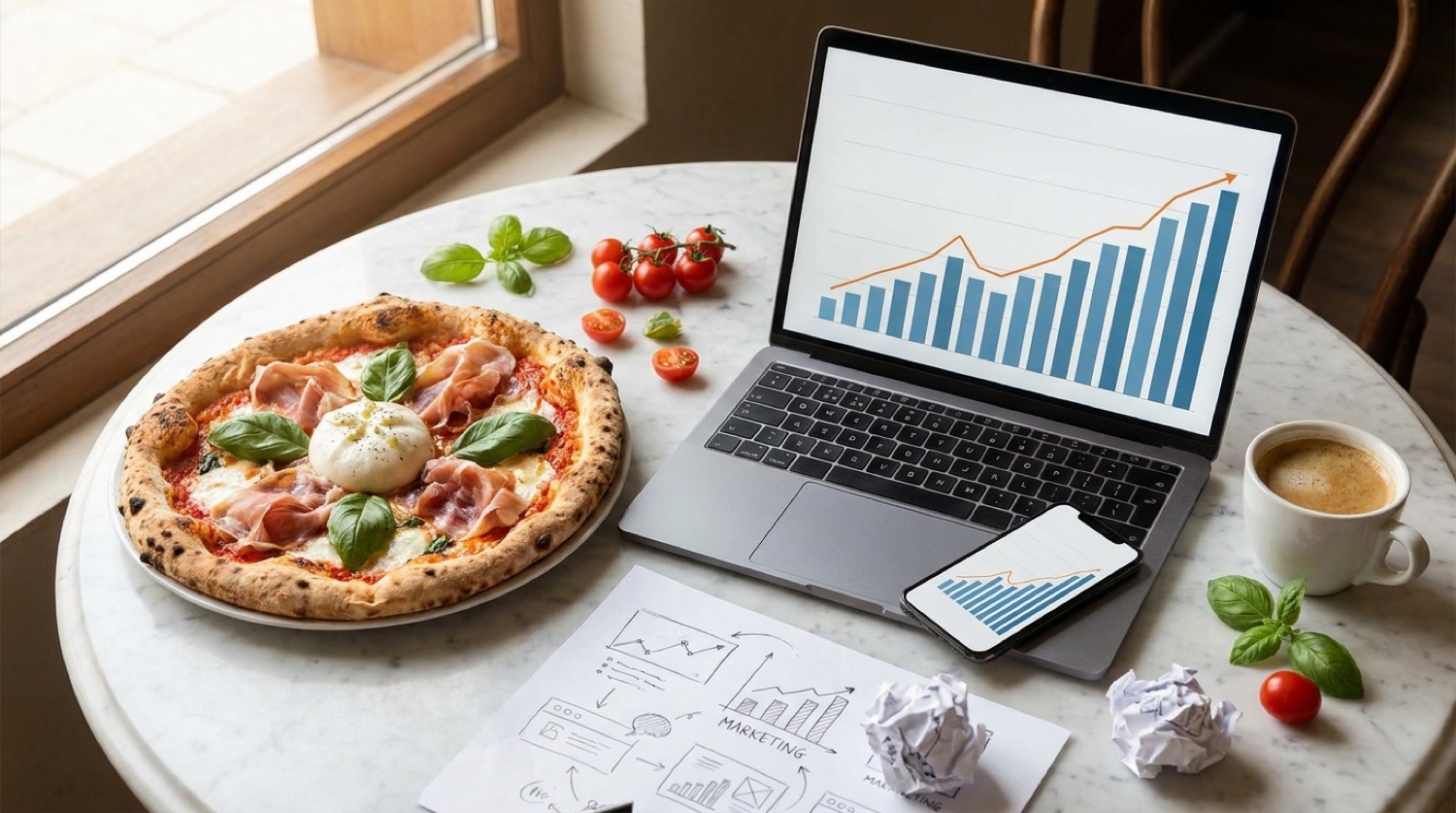 Pizza next to a laptop showing rising sales